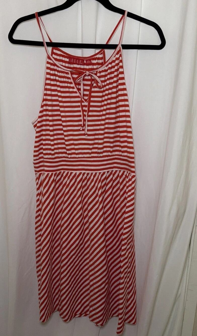 Elle Women's Sz L Orange Red White Striped Sleeveless A-Line Dress Knit Stretch